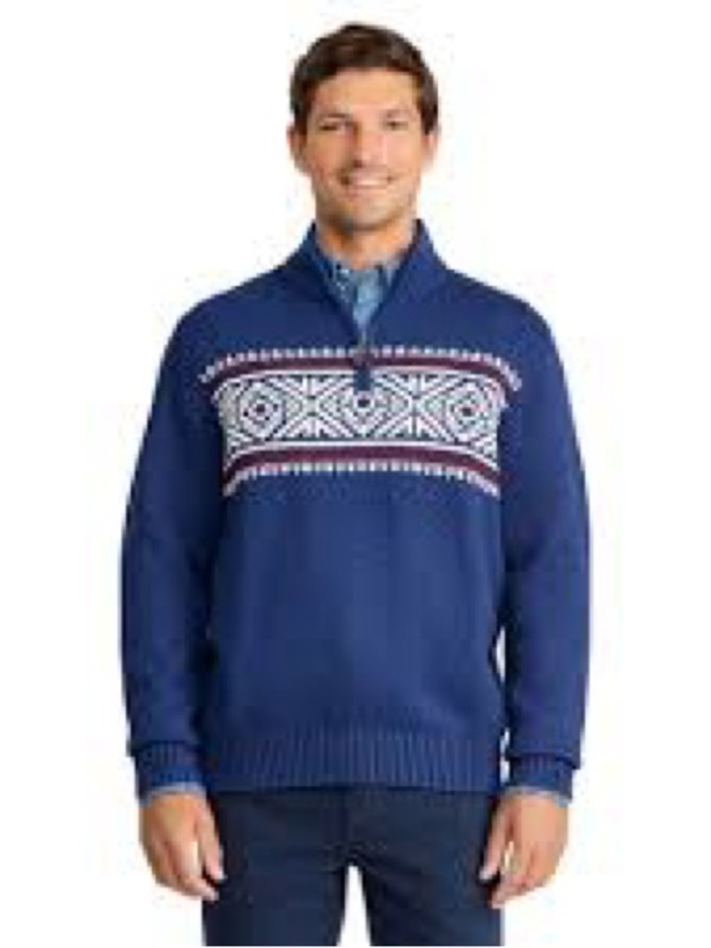 Izod Men's Blue Quarter-Zip Sweater with Cream Fair Isle Band